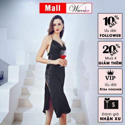 Đầm ngủ phi lụa cao cấp WANNABE DNS66 váy ngủ dáng dài, cổ đổ sang trong phía sau cut out khoe lưng trần quyến rũ