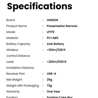 Ugreen UG50654LP479TK 200M laser sử dụng pin AAA không kèm pin Bút trình chiếu điều khiển 100m có túi đựng - HÀNG CHÍNH HÃNG