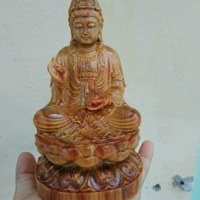 Tượng phật quan thế âm bồ tát gỗ huyết long  ngồi đài sen kt cao 15×9×9cm