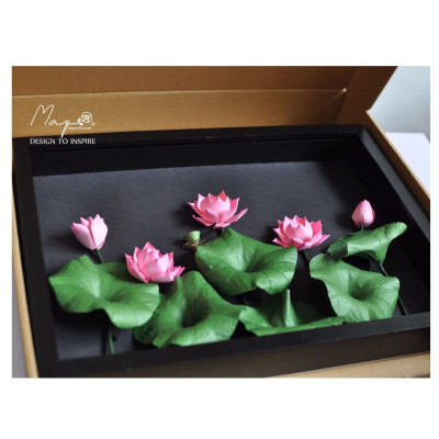 Tranh Hoa Giấy Handmade Trang Trí - Vietnam Hồ sen MAYPAPERFLOWER Khung Gỗ Size 30x40cm