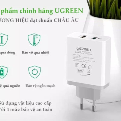 Ugreen UG30563CD132TK 30W màu Trắng Củ sạc nhanh 2 cổng USB chuẩn QC 3.0 + 2.4A - HÀNG CHÍNH HÃNG