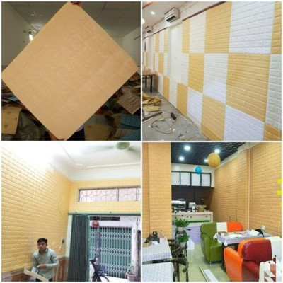 Bộ 10 Tấm Xốp Dán Tường 3D Giả Gạch Vàng Kem 70cmx77cm