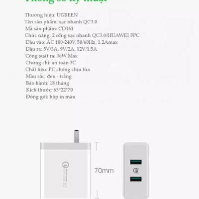 Ugreen UG40715CD161TK 36W màu Trắng Củ sạc nhanh 2 cổng USB chuẩn QC 3.0 - HÀNG CHÍNH HÃNG