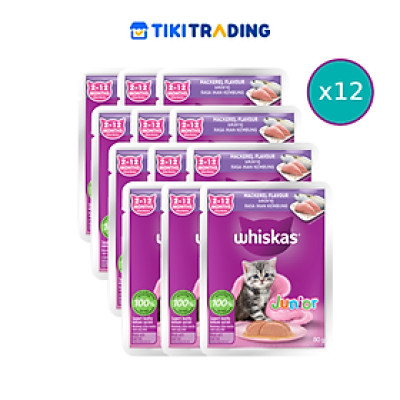 [Combo 12 Gói] Thức Ăn Cho Mèo Con WHISKAS Junior 2-12 months Vị Cá Thu 80g/Gói