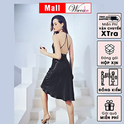 Đầm ngủ phi lụa cao cấp WANNABE DNS66 váy ngủ dáng dài, cổ đổ sang trong phía sau cut out khoe lưng trần quyến rũ