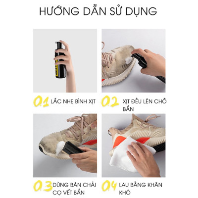 Bộ Vệ Sinh Giày Dép Làm Sạch Chuyên Sâu Giặt Giày gồm 1 bình xịt tạo bọt dung tích 150ml, 1 khăn mềm, 1 bàn chải mềm