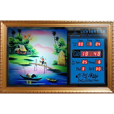 Đồng hồ Lịch Vạn Niên tranh đèn treo tường hiệu Cát Tường_tranh Đồng Quê 55443_KT 55x35x7cm_Có 2 loại (Không remote đèn và Có remote đèn)