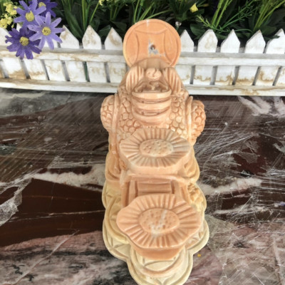 Tượng Cóc Ba Chân, Cóc Ngậm Tiền, Thiềm Thừ phong thủy cõng gậy như ý chiêu tài lộc đá cẩm thạch vàng cà rốt - Dài 20 cm