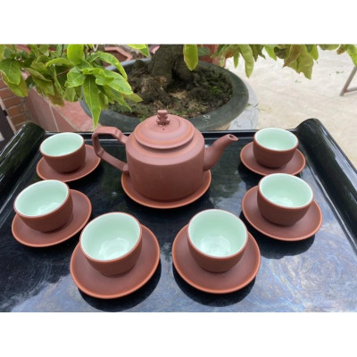 Ấm Chén Trà Tử Sa Bát Tràng Tích Nâu Chỉ Đỏ