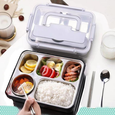 Hộp Cơm Văn Phòng 5 Ngăn Inox 304 Giữ Nhiệt Chống Tràn Có Giá Điện Thoại Tặng Thìa Đũa Cao Cấp- Hàng Chính Hãng MINIIN