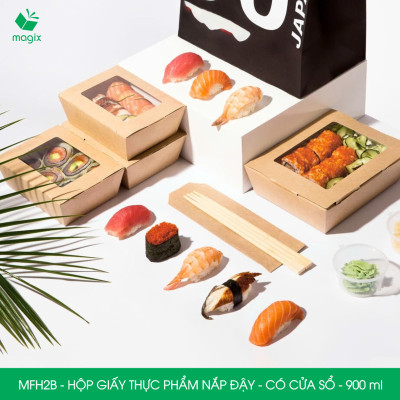 MFH2B - 900ml - 50 hộp giấy kraft đựng thực phẩm, hộp giấy đựng thức ăn có cửa sổ, hộp đựng cơm