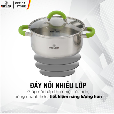 Nồi Inox 5 đáy KIELER đáy từ 22cm nấu nhanh, tiết kiệm điện, có 2 lớp chống dính Whitford ít bám dầu mỡ RW1003-22 - Hàng Chính Hãng