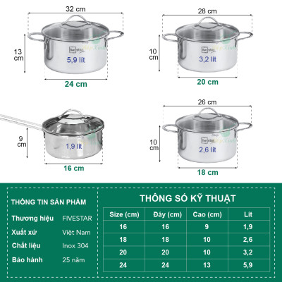 Bộ Nồi Inox 304  bếp từ 3 lớp đáy liền 4 món nắp kính Fivestar tặng 2 muỗng canh