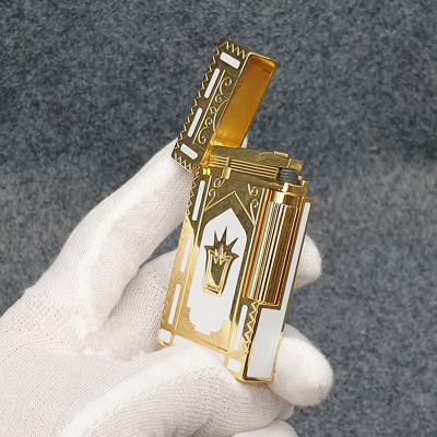 Vỏ Hột Quẹt Bật Lửa Gas Đá Upon D82V Thiết Kế Họa Tiết Sơn Mài Trắng Hoa Văn Hoàng Gia Cổ Điển Độc Đáo - Dùng Gas Đá Cao Cấp