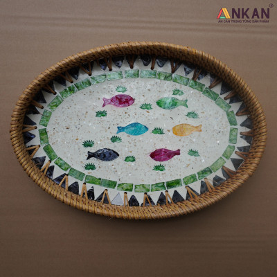 Khay Mây Khảm Trai Hình Bầu Dục Đựng Bánh Kẹo, Trái Cây, Khay Trang Trí Decor Nhà Cửa, Sản Phẩm Thủ Công Từ Mây Tự Nhiên