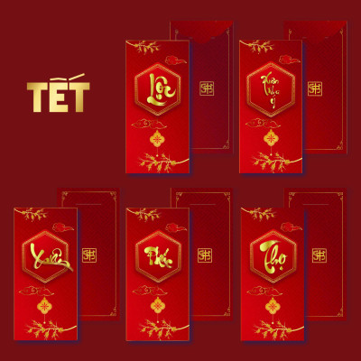 Combo 5 Cái Bao Lì Xì Thiết Kế Chữ Xuân, Lộc, Thọ, Phúc, Xuân Như Ý - Tết 2025 Giấy Cứng C150 Siêu Dày Dặn - SBOOKS