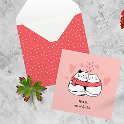 Thiệp tình yêu, Valentine, cặp đôi, SDstationery Nhà Là Nơi, hình đôi mèo dễ thương, vuông 12x12 cm