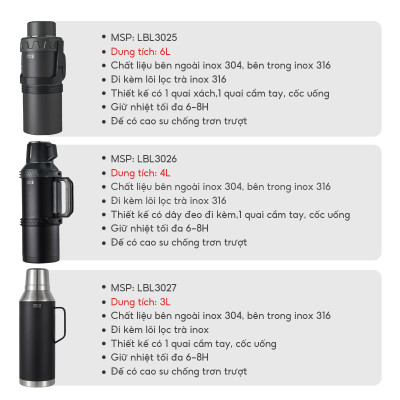 Bình giữ nhiệt Lebenlang LBL3025, phích giữ nhiệt dung tích 6L, inox 316, có lõi lọc, quai cầm tiện lợi, cốc uống tích hợp - hàng chính hãng