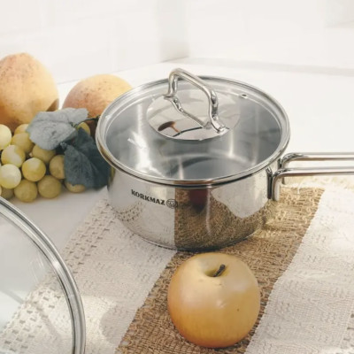 Nồi Quánh inox 18/10 Korkmaz Perla 1.6 lít có nắp - 16x8 cm - Hàng Chính Hãng
