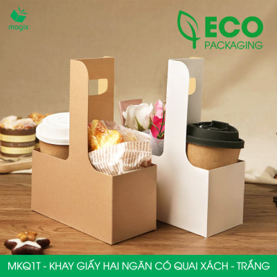 MKQ1T - 17.5x8x9 cm - Combo 60 Khay giấy 2 ngăn quai xách màu trắng siêu chắc, hộp giấy 2 ngăn chống thấm đựng ly nước, hoa và quà tặng