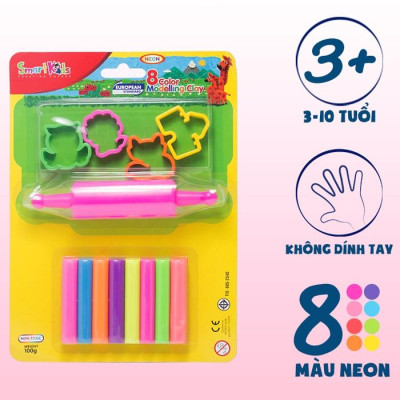 Sáp Nặn Học Tập 8 Màu Neon SMARTKIDS (4 Khuôn + 1 Cây Lăn) SK-BL8M5N