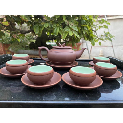 Ấm chén tử sa dáng trống đai nâu chỉ đỏ lòng xanh giá xưởng