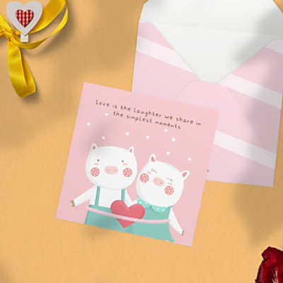 Thiệp tình yêu, Valentine, tỏ tình, SDstationery Simplest Moments, hình đôi heo dễ thương, màu hồng, vuông 12x12 cm