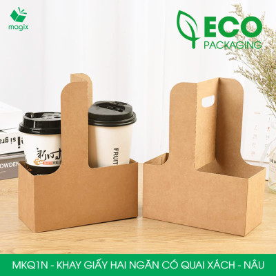 MKQ1N - 17.5x8x9 cm - Combo 60 Khay giấy 2 ngăn quai xách màu nâu siêu chắc, hộp giấy 2 ngăn chống thấm đựng ly nước, hoa và quà tặng