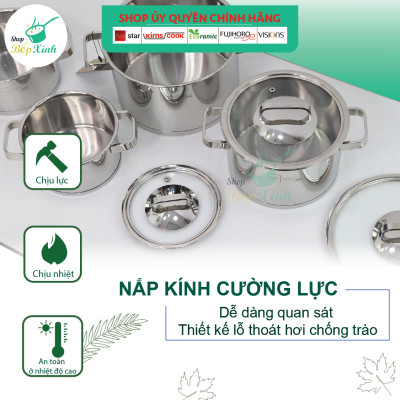 Bộ nồi inox 304 bếp từ 3 đáy và xửng hấp inox 24cm Fivestar nắp kính tặng 1 SẠN INOX
