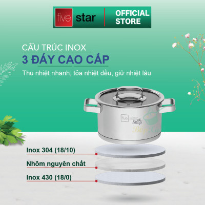 Combo Bộ nồi inox 304 và xửng hấp cao cấp  Fivestar Plus 5 món nắp kính ( 1nồi 16cm x1nồi 18cm x1nồi 20cm x1nồi 24cm x 1thân xửng 24cm) , tặng 1 vá canh 
