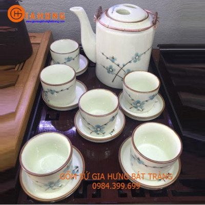 Bộ ấm tích men kem vẽ hoa đào gốm Gia Hưng Bát Tràng