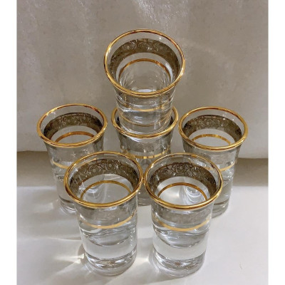 Bộ 6 ly thuỷ tinh uống rượu khảm bạc cao cấp miệng loe, viền vàng