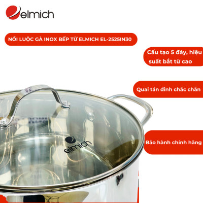 Nồi luộc gà 5 đáy Inox 304 Elmich EL-2525IN30 size 30cm cao 24cm dung tích 16L, bảo hành 24 tháng