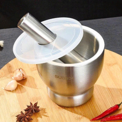 Cối chày inox 304  cao cấp đúc nguyên khối - Kèm nắp đậy , dùng giã hành tỏi, ớt, cua  , dày dặn, không bám mùi, dễ vệ sinh - Size 10cm