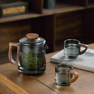 Bình pha trà thủy tinh 500ML màu Xám tay cầm gỗ kèm lõi lọc thủy tinh -Phân loại Bình và Ly riêng