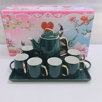 BỘ BÌNH TRÀ CÀ PHÊ KÈM KHAY SỨ CAMELIA  MÀU XANH CỔ VỊT VIỀN VÀNG CAO CẤP - ANTH411