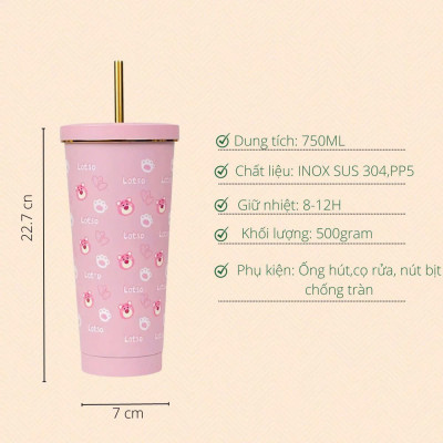 Ly Giữ Nhiệt Lotso Inox 304 Cao Cấp 750ml Kèm Ống Hút, Ly Giữ Nhiệt Gấu Dâu Hoạt Hình Dễ Thương Giữ Nhiệt 8-12h - Tặng Kèm Túi Đựng - HÀng Chính Hãng MINIIN