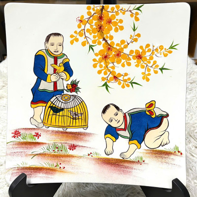 Dĩa vuông sơn mài cao cấp Thanh Bình Lê họa tiết cá chép 27x27x4 cm