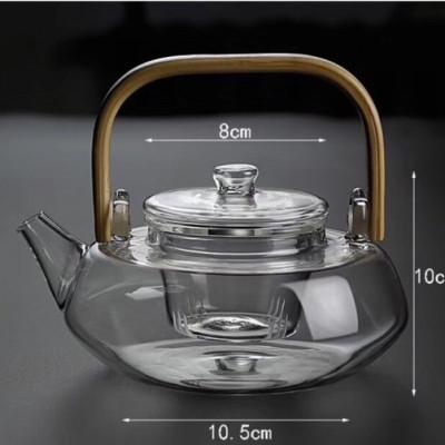 Ấm pha trà thủy tinh crystan chịu nhiệt có lõi lọc  dáng bẹt quai gỗ - ANTH456