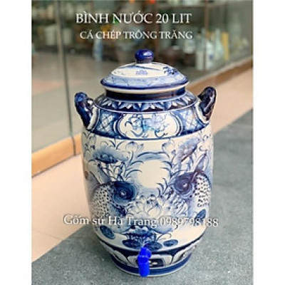 Bình nước 20 lit gốm sứ Bát Tràng cao cấp không chì vẽ hoạ tiết cá chép trông trăng