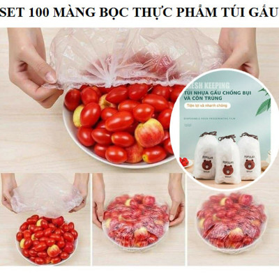 Set 100 màng bọc thực phẩm túi gấu Màng bọc thực phẩm PE có chun bọc đồ ăn co giãn tái sử dụng GD435-MangBocTP - Hàng loại 1 chính hãng MINIIN
