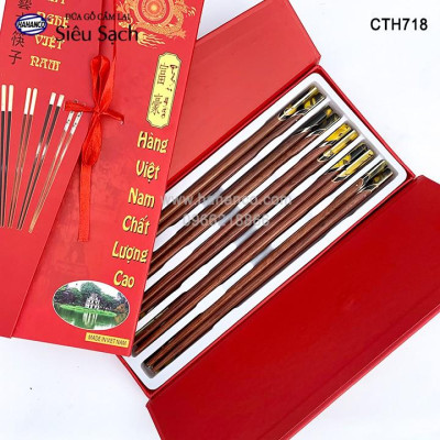 Đũa gỗ Cẩm lai đầu cẩn thạch chéo vân kẻ vàng (10 đôi/Hộp) CTH718 - Sang trọng trên bàn ăn - An toàn cho sức khỏe