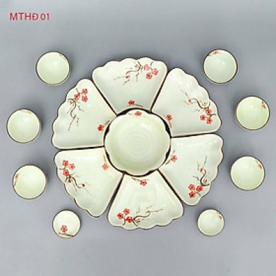 Bộ bát đĩa hoa mặt trời 15 món, men kem. Gốm sứ Bát Tràng.