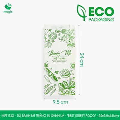 MFT1T4X - 24x9.5x4.5 cm - 200 Túi bánh mì Trắng, in sẵn họa tiết BEST STREET FOOD - Bao bánh mì Túi giấy thực phẩm an toàn