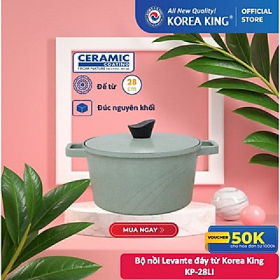 Nồi nấu Levante đáy từ Korea King KP-28LI(Nồi, nắp bằng nhôm đúc, phủ men chống dính Ceramic, Ø28cm)-Màu Xanh