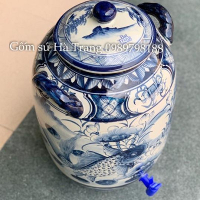 Bình nước 20 lit gốm sứ Bát Tràng cao cấp không chì vẽ hoạ tiết cá chép trông trăng