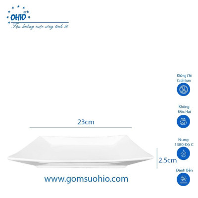 Đĩa Vuông 23cm Sứ Trắng OHIO