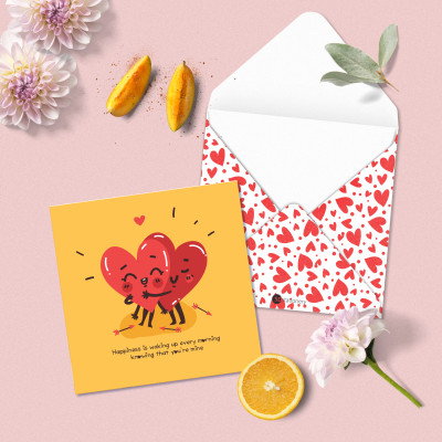 Set 5 thiệp tình yêu Valentine SDstationery Love Hearts, minh họa cặp đôi trái tim dễ thương vui nhộn, khổ vuông 12x12cm