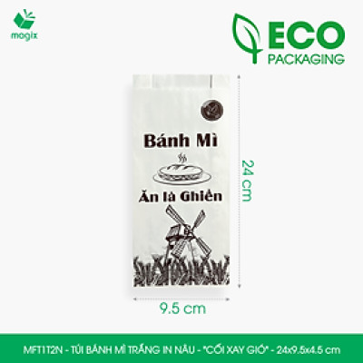 MFT1T2N - 24x9.5x4.5 cm - 1000 Túi bánh mì Trắng, in sẵn họa tiết CỐI XAY GIÓ - Bao bánh mì Túi giấy thực phẩm an toàn