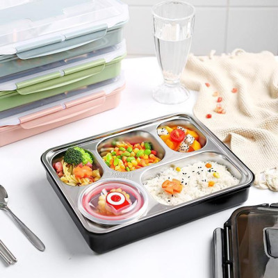 Khay Cơm Inox 5 Ngăn Hàn Quốc Coa Nắp Đậy Tiện Lợi - Loại Tốt